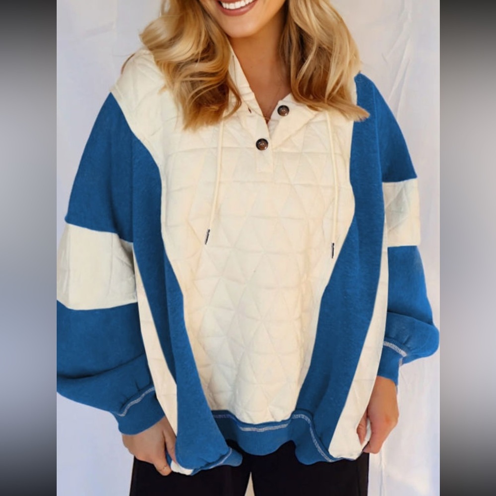 1099. Quilted fleece color block patchwork hoodie